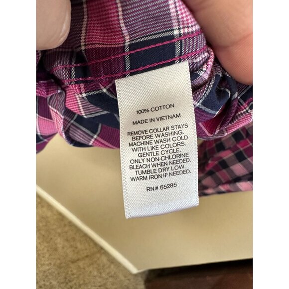 Mens‎ Express Pink Navy Plaid Shirt M 15-15.5 100% Cotton Long Sleeve Fitted - Picture 4 of 6